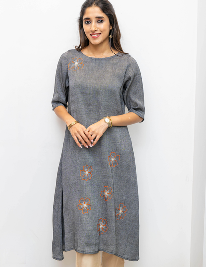 Grey Flower Embroidery Cotton Dress