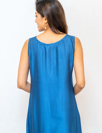 Blue Sleeveless Solid Modal Silk Dress