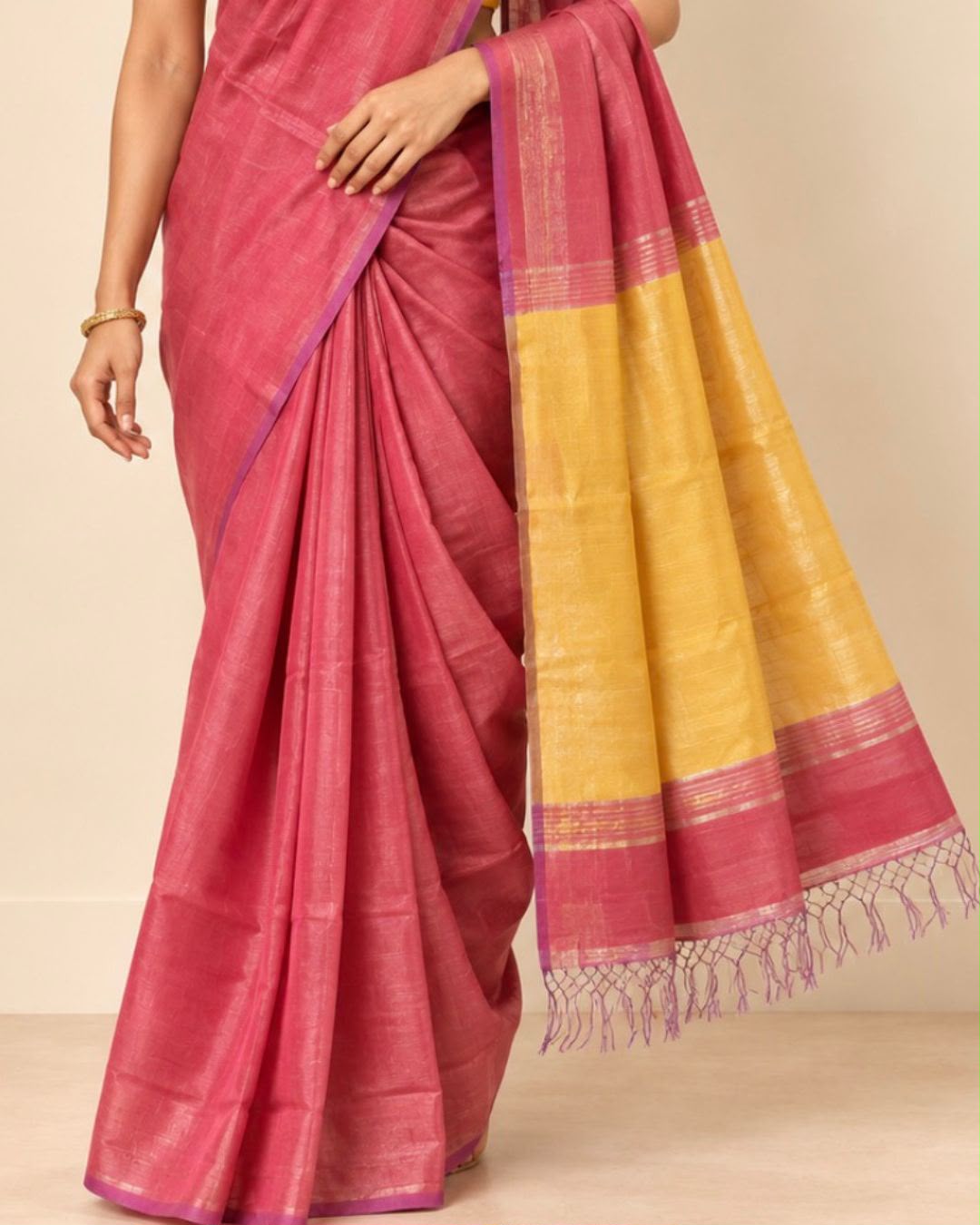 Pink Tissue Cotton Saree with Purple Border and Mustard Gold Pallu Fulia