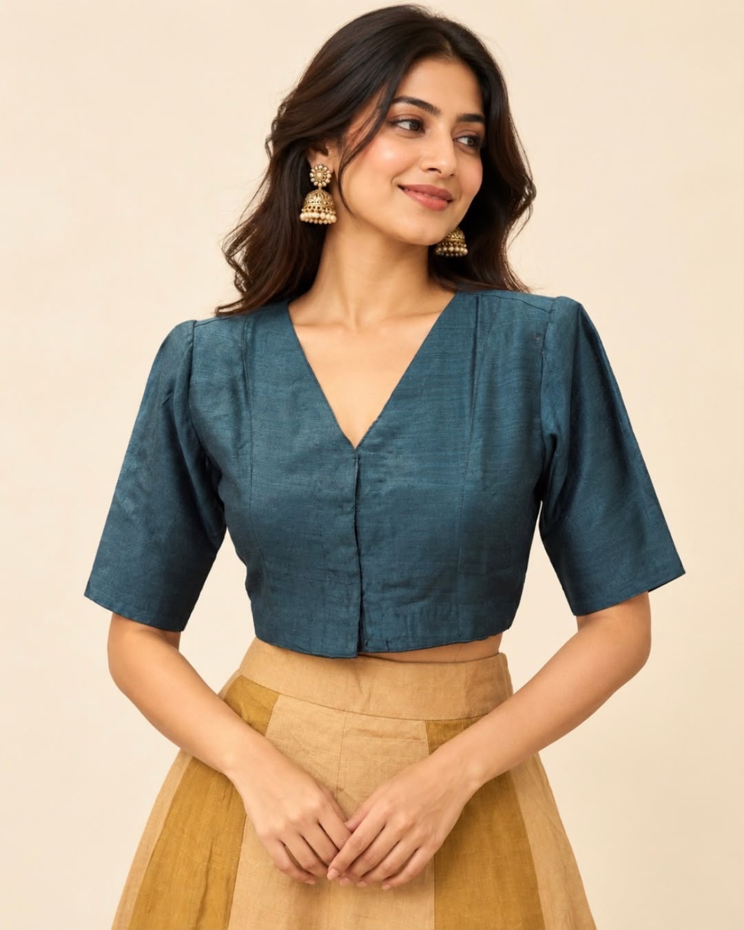 Peacock Blue V Neck Plain Tussar silk Blouse
