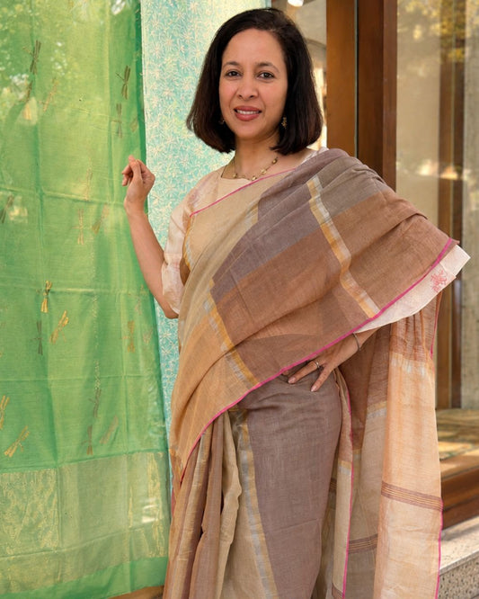 Beige Striped Brown Tissue Linen Saree