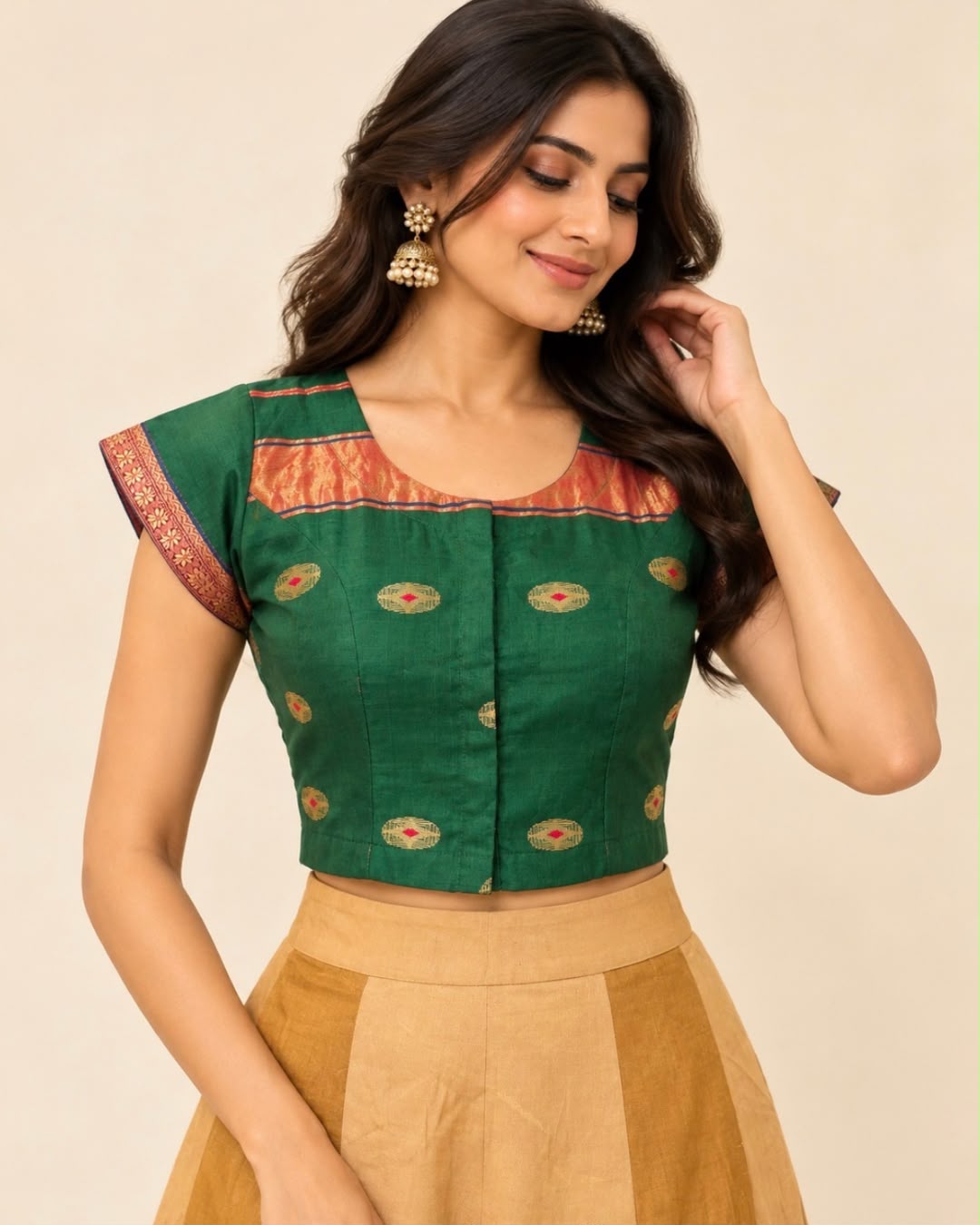 Green Maheswari Silk Cotton Short Sleeve Blouse
