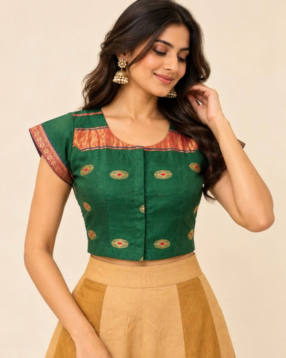 Green Maheswari Silk Cotton Short Sleeve Blouse