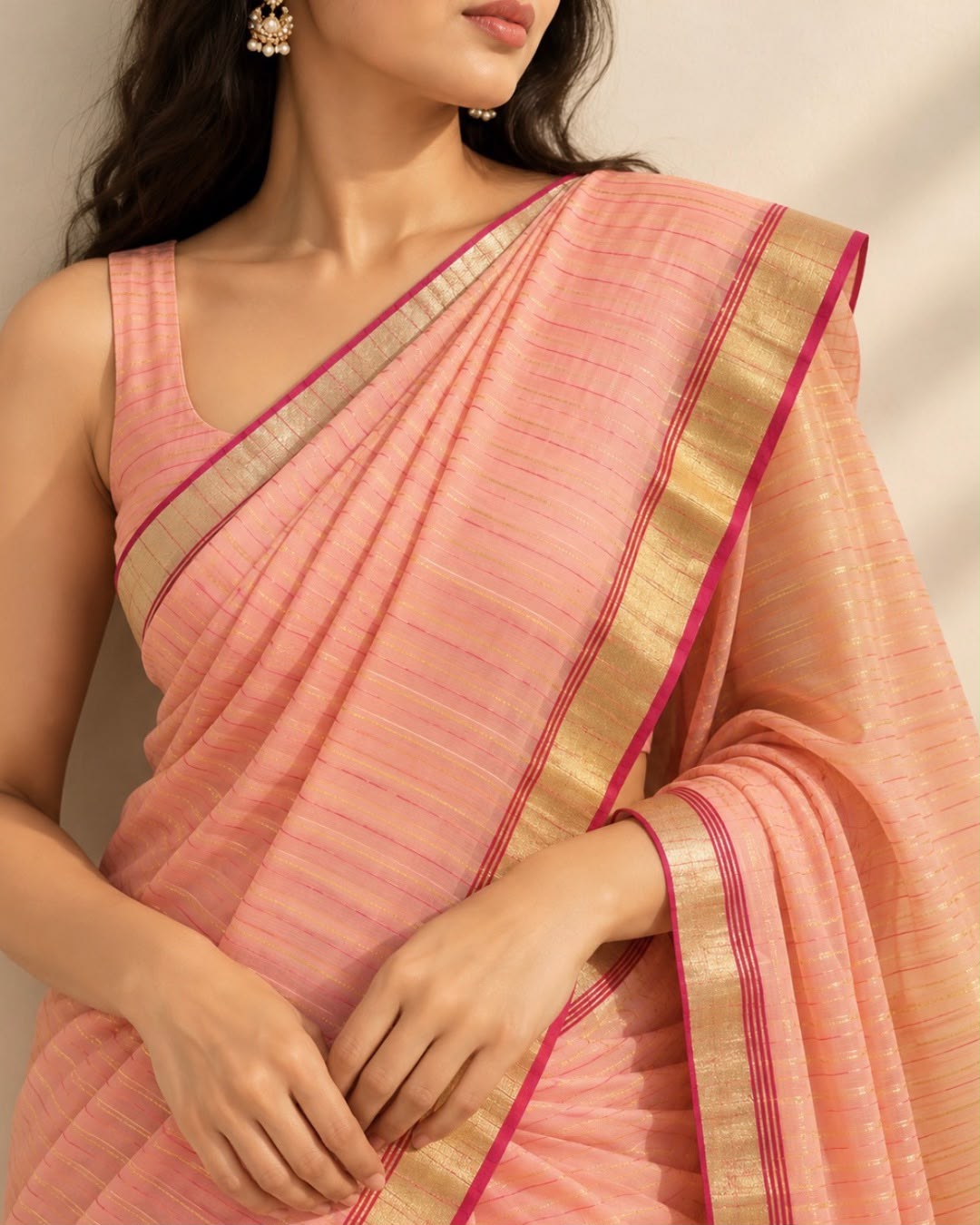 Peach Gold Stripes Marm Chanderi Silk Cotton Saree
