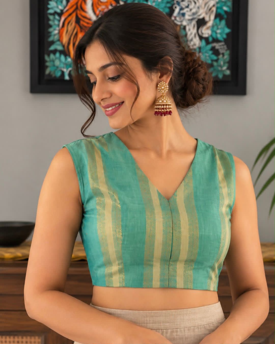 Teal Green Gold Striped V Neck Sleeveless Tussar Cotton Blouse