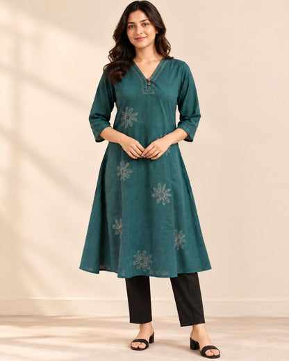 Teal Green Floral Kanta Embroidery A-Line Cotton Dress