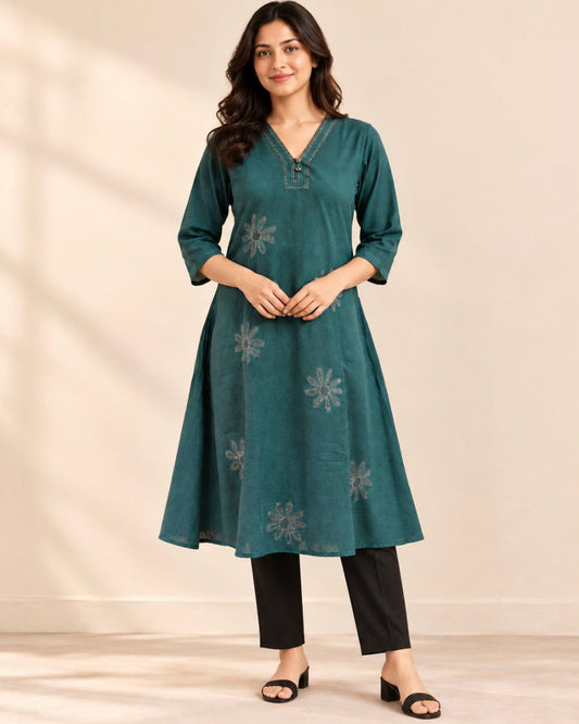 Teal Green Floral Kanta Embroidery A-Line Cotton Dress
