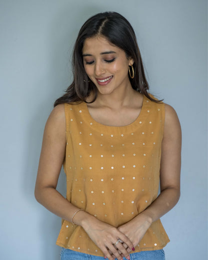 Yellow Sequins Sleeveless Cotton Top