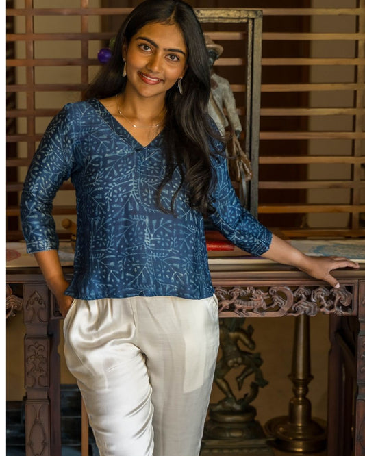 Indigo Blue V Neck Sleeves Top