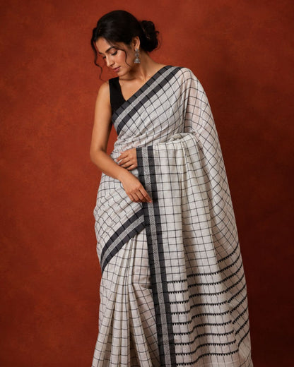 White Black Checks Border Cotton Saree