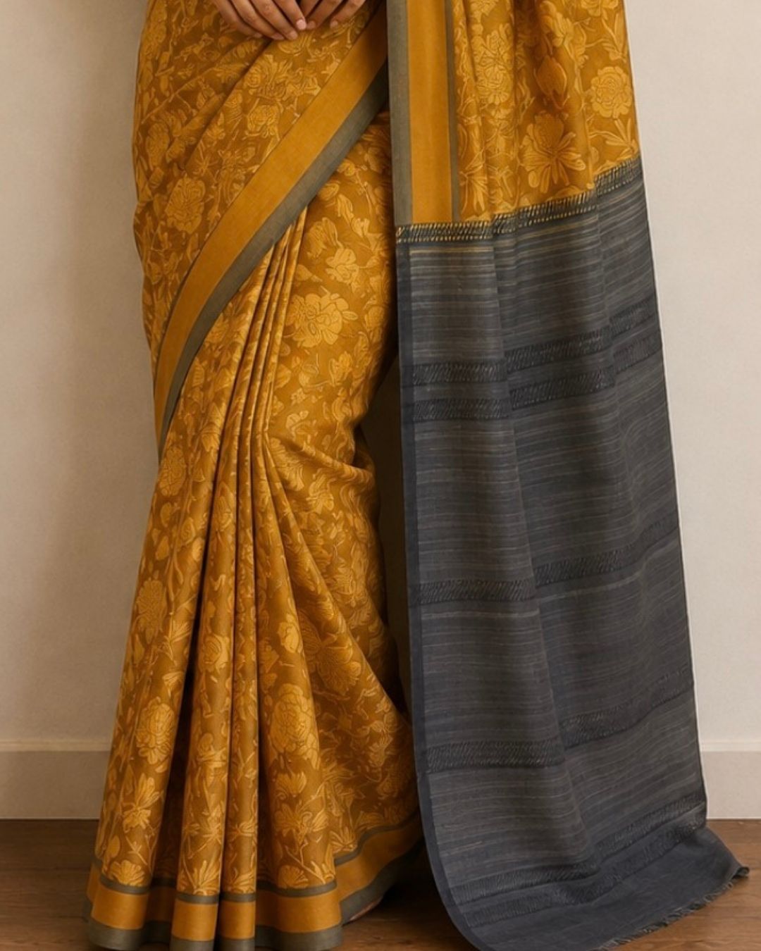 Mustard Printed Tussar Silk Saree