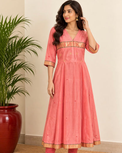 Pink V Neck Maheswari Silk Cotton Dress