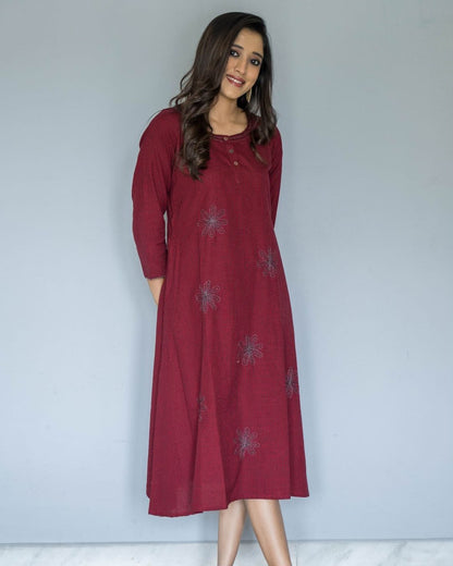 Maroon Checks Embroidered Cotton Dress
