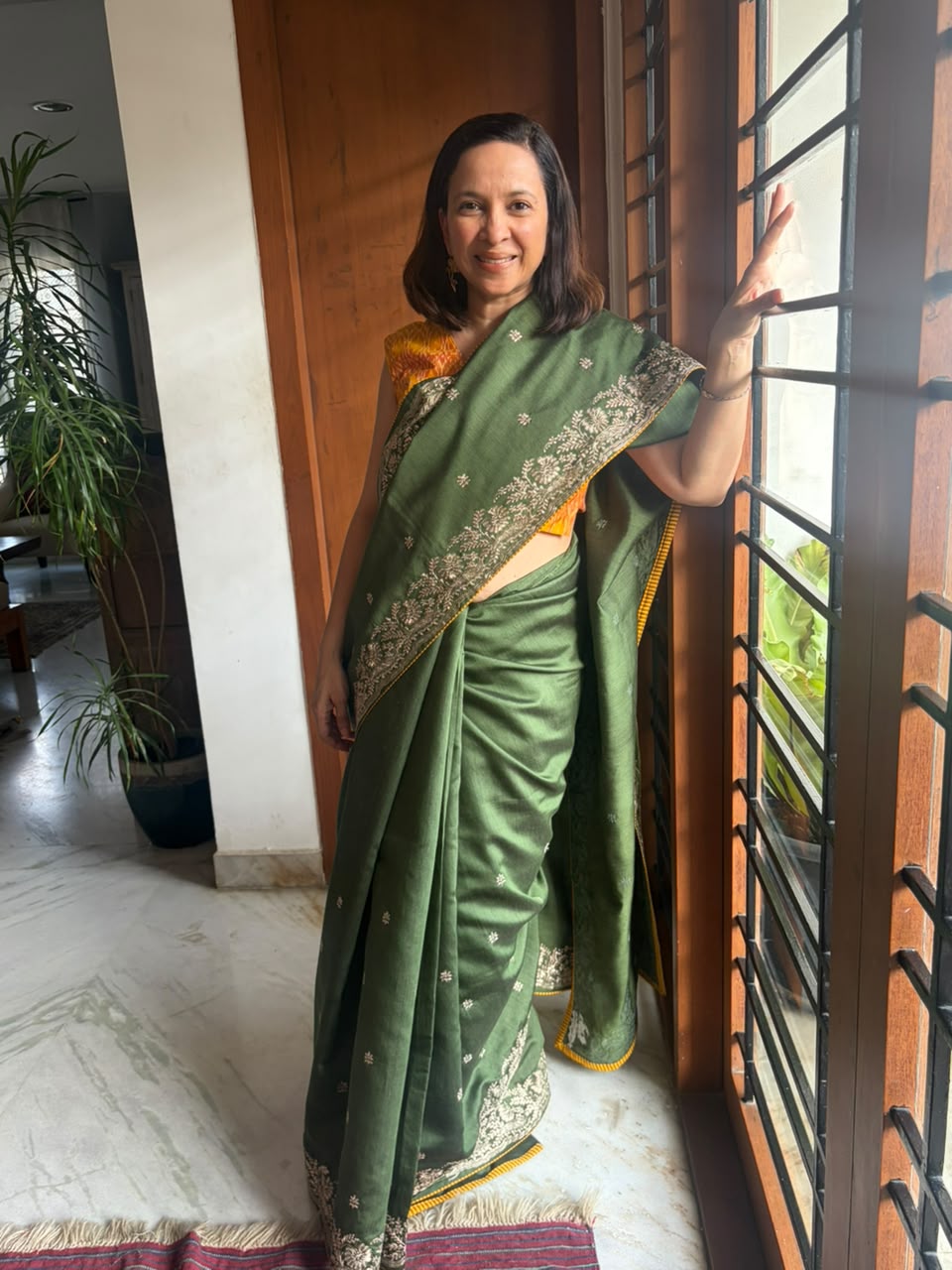 Green Embroidery Tussar Silk Saree