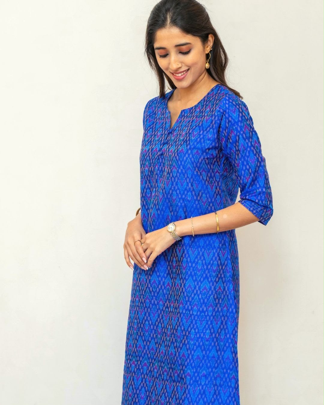 Blue Deepam Neck Ikat Silk Dress