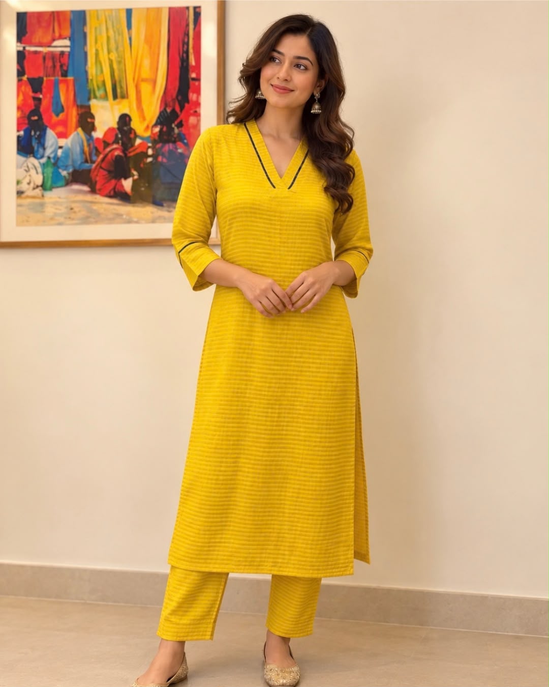 Yellow V Neck Ribbed Tussar Cotton Kurta