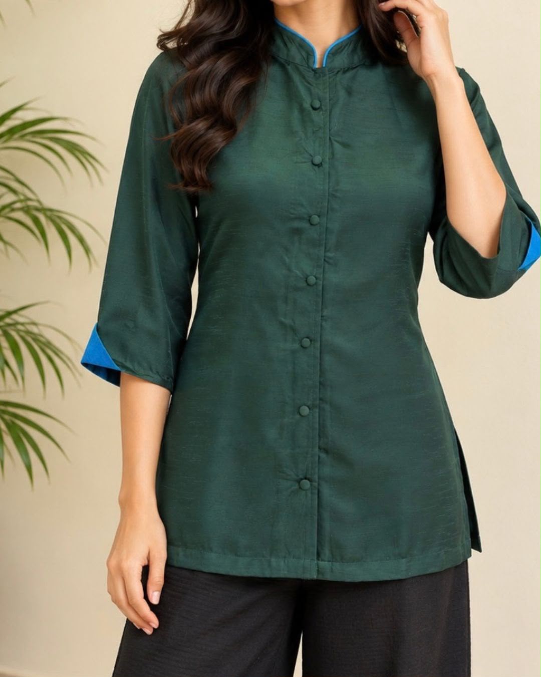 Bottle Green Mandarin Collar Modal Silk Cotton Tunic