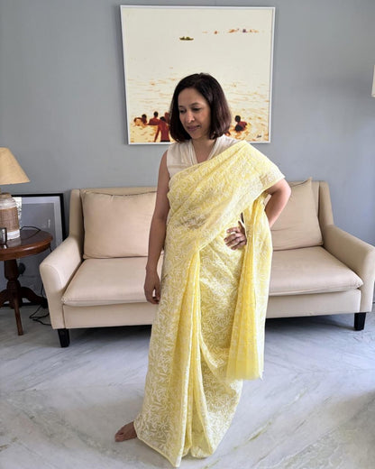 Yellow Chikankari Kota Cotton Saree