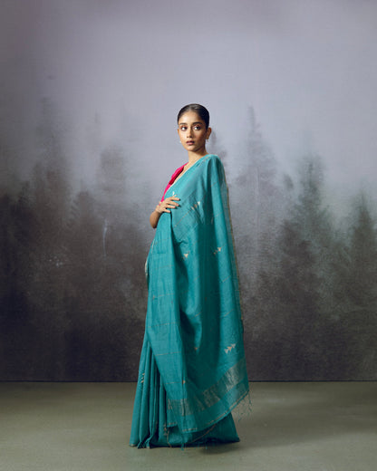 Teal Blue Jamdani Khadi Silk Saree