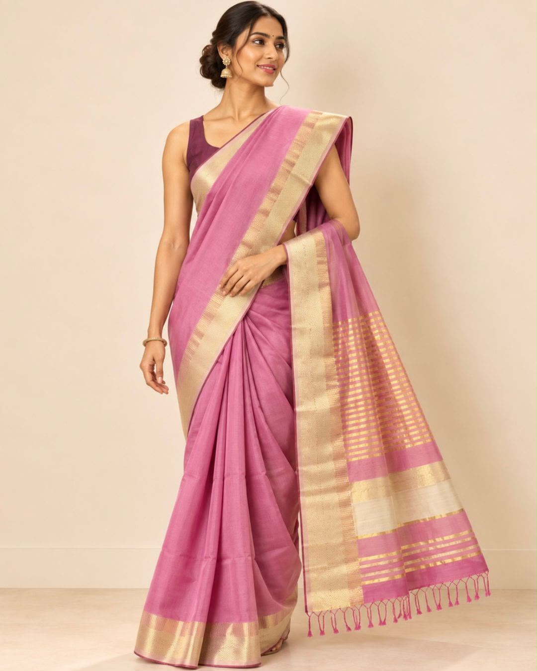 Pink Gold Zari Border and Striped Pallu with Tassels Maheshwari Silk Cotton Saree