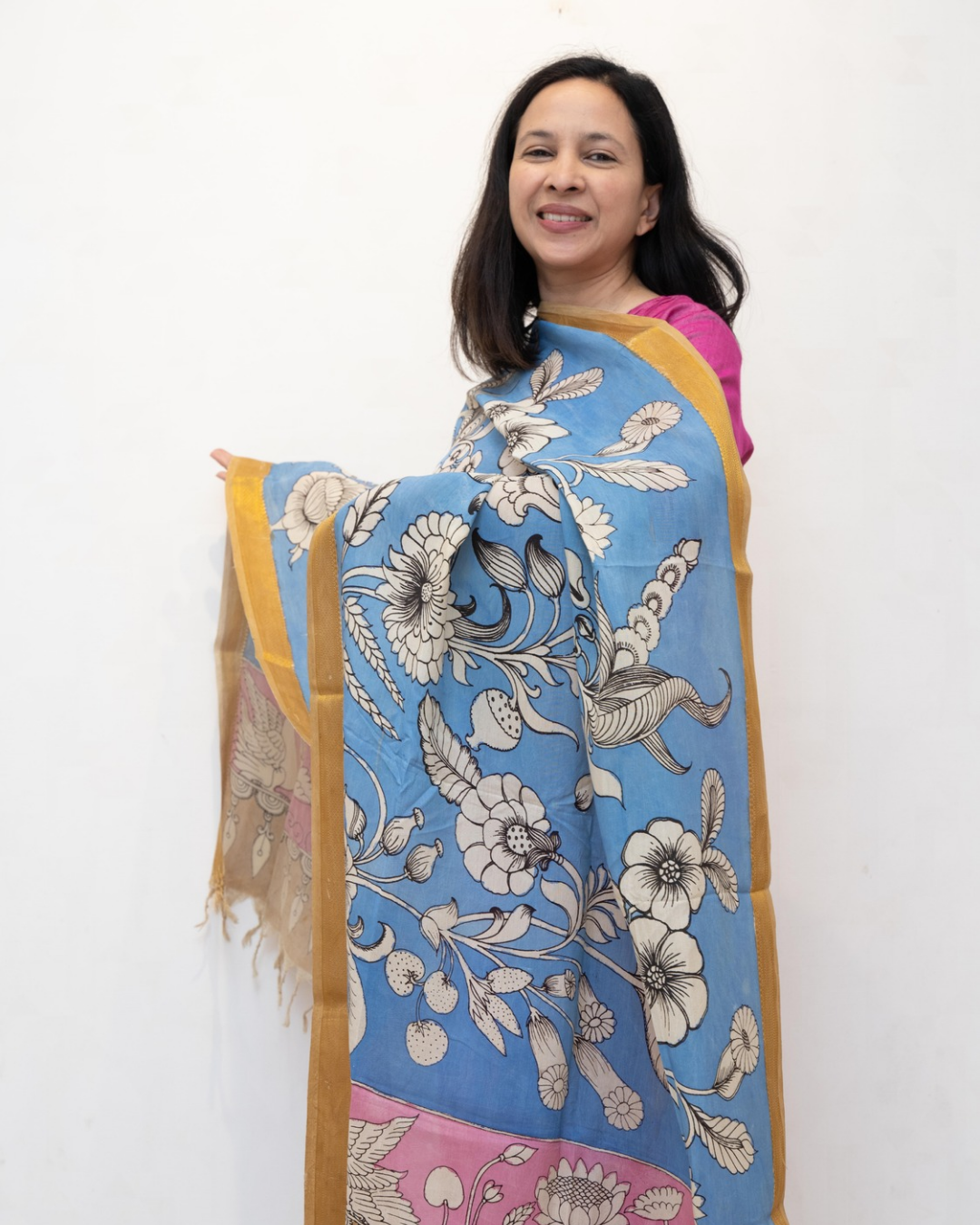 Blue 3 Pen Kalamkari Silk Dupatta