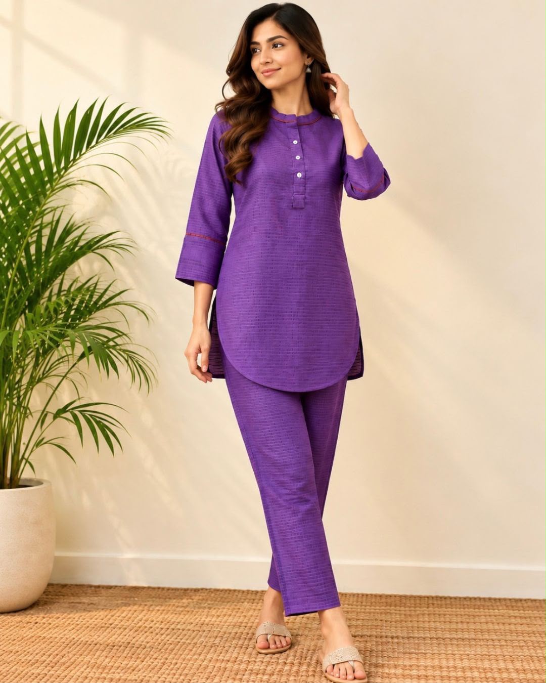 Purple Chinese Collar Tussar Silk Cotton Tunic