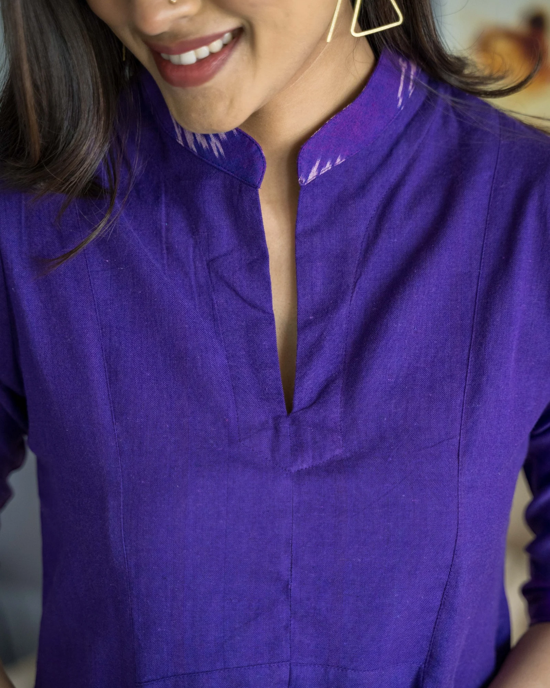 Purple Chinese Collar Cuff Ikat Cotton Dress