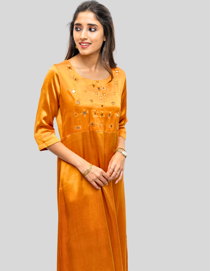 Mustard Hand Embroidery Gajji Silk Kurta