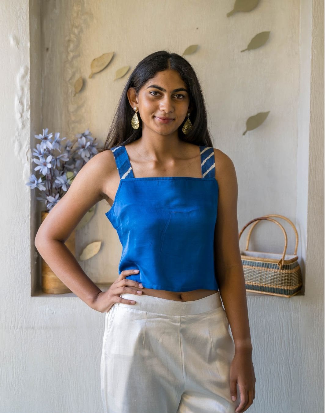 Blue Sleeveless Square Neck Modal Silk Top
