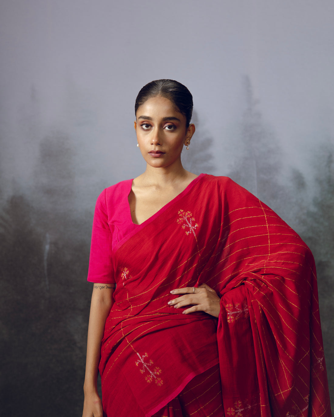 Red Jamdani cotton Saree