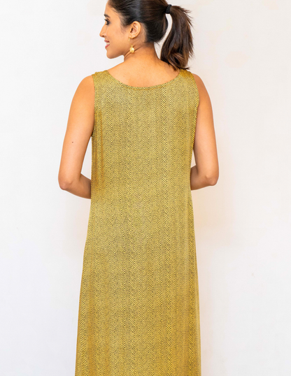 Yellow Black Zigzag Printed Sleeveless Modal Silk dress