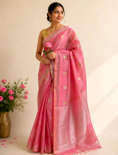 Pink Jamdani Chanderi Silk Cotton Saree