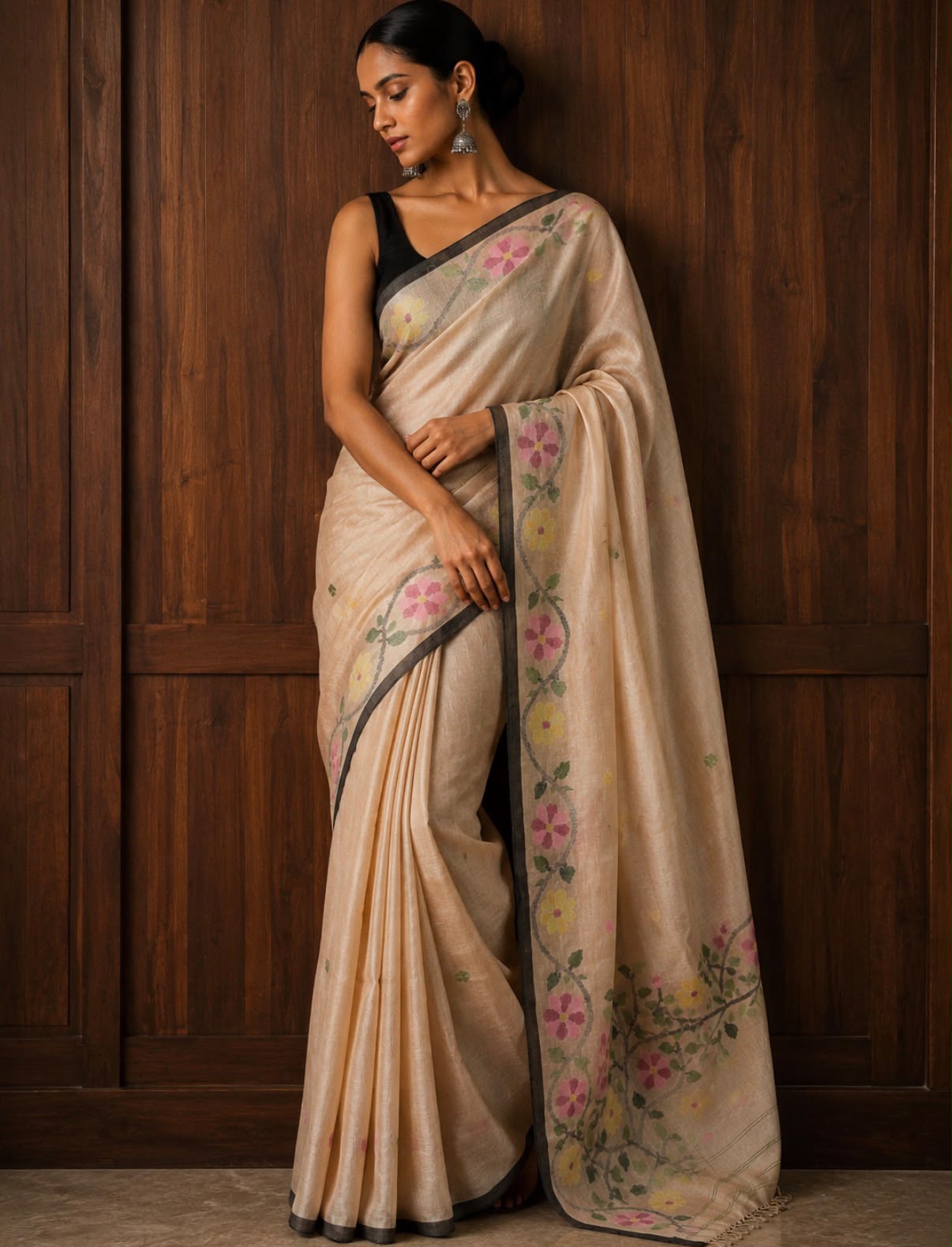 Off White Jamdani Tussar Silk Saree