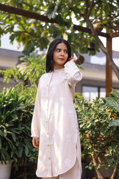 Beige Stripe Cotton Co Ord Sets