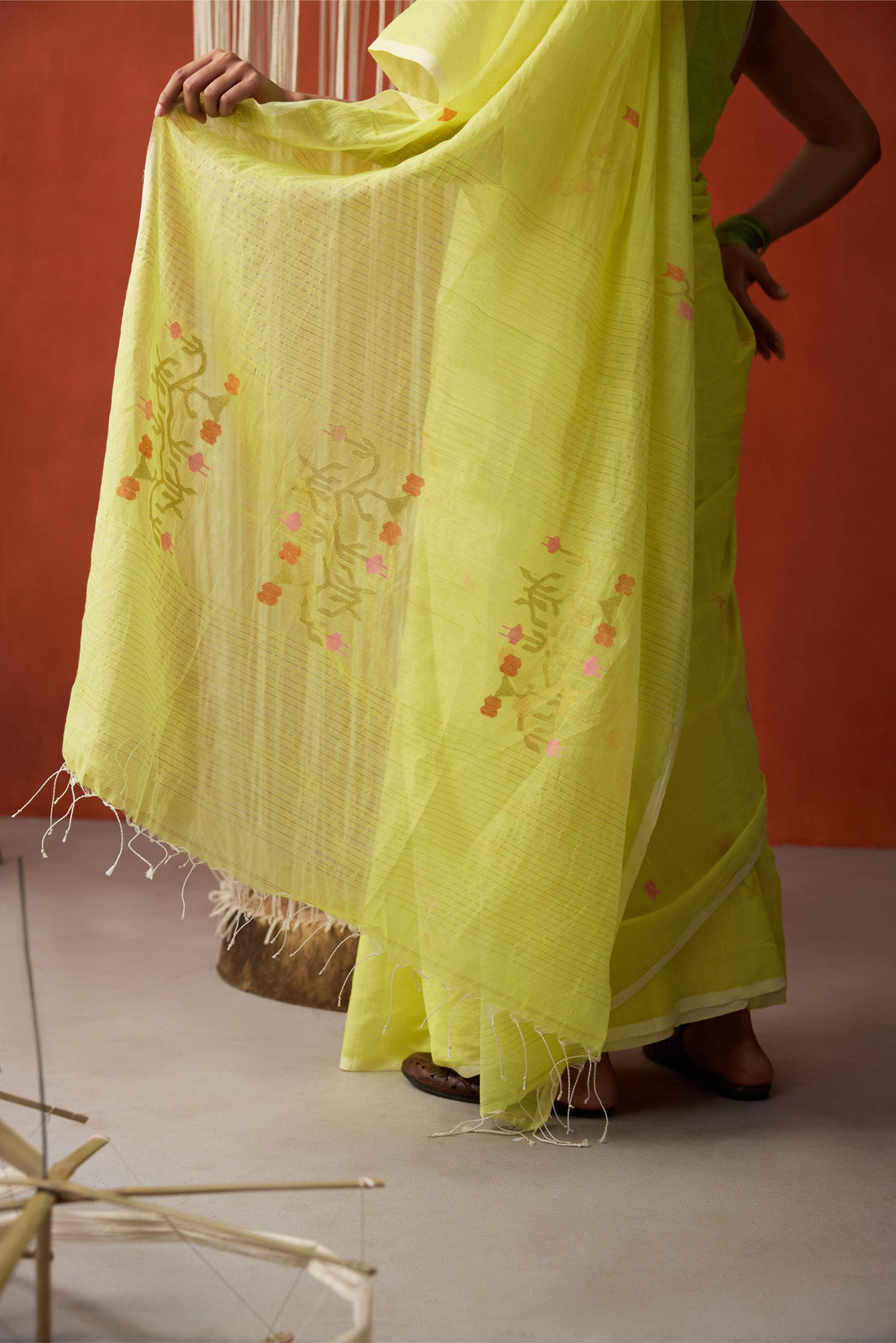 Lemon Yellow Jamdani Khadi Silk Saree