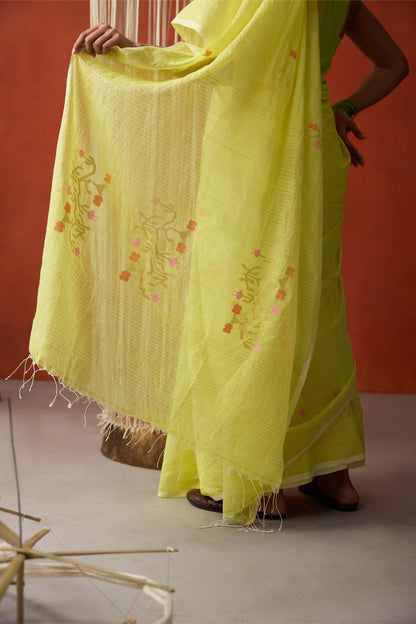 Lemon Yellow Jamdani Khadi Silk Saree