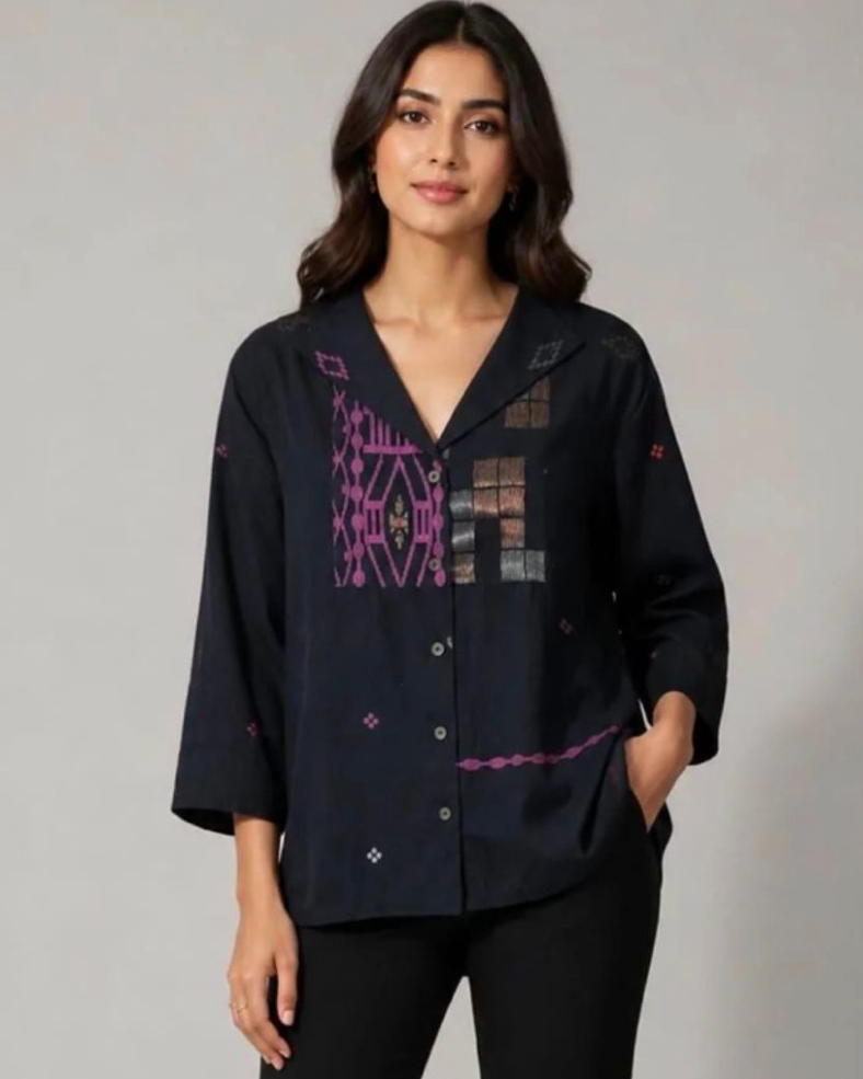 Black Shirt Collar Jamdani Cotton Top