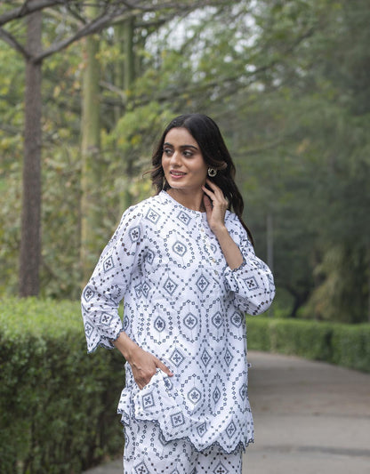 White Cut Work Cotton Co Ord Sets