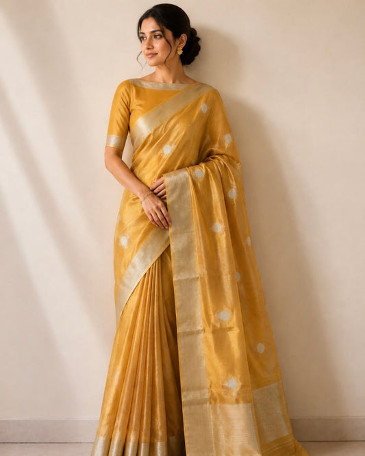 Yellow Floral Butta Chanderi Silk Saree