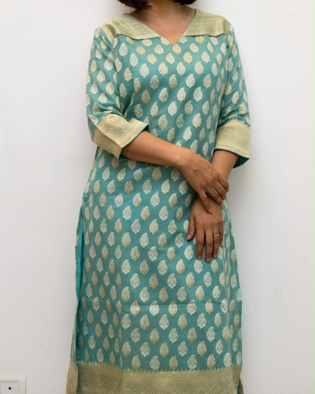 Sea Green Chinese cuffcollar Banarasi Silk Kurta