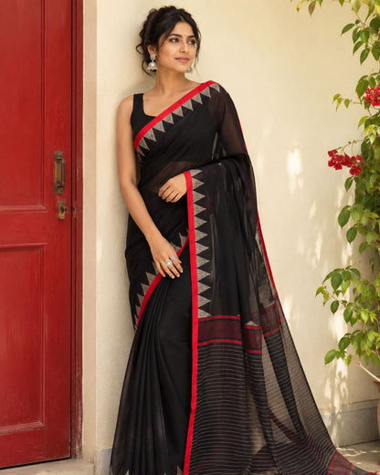 Black Red Border Temple Cotton Saree
