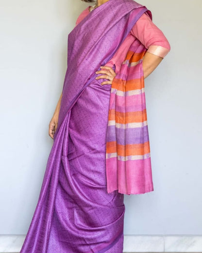 Purple Printed Tussar Silk
