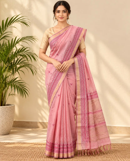 Pink Embroidered Floral Buttas Mulberry Silk saree