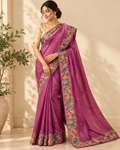 Magenta Purple With Multicolor Parsi Floral Embroidered Border Tussar Silk Saree