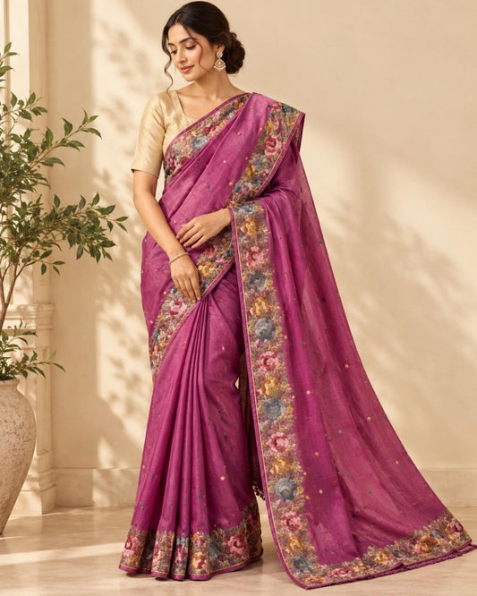 Magenta Purple With Multicolor Parsi Floral Embroidered Border Tussar Silk Saree