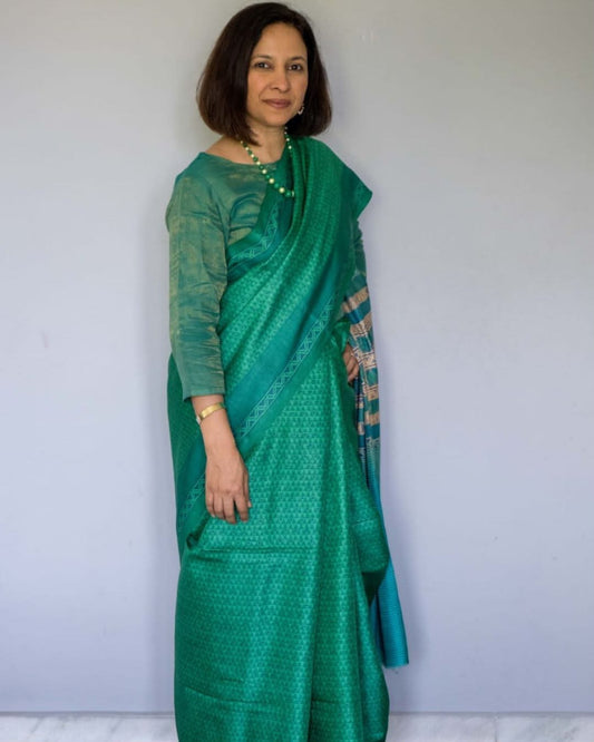 Green Triangle Printed Tussar Silk
