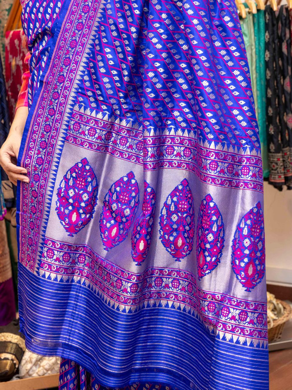 Blue Pink Floral Banarasi Silk Saree