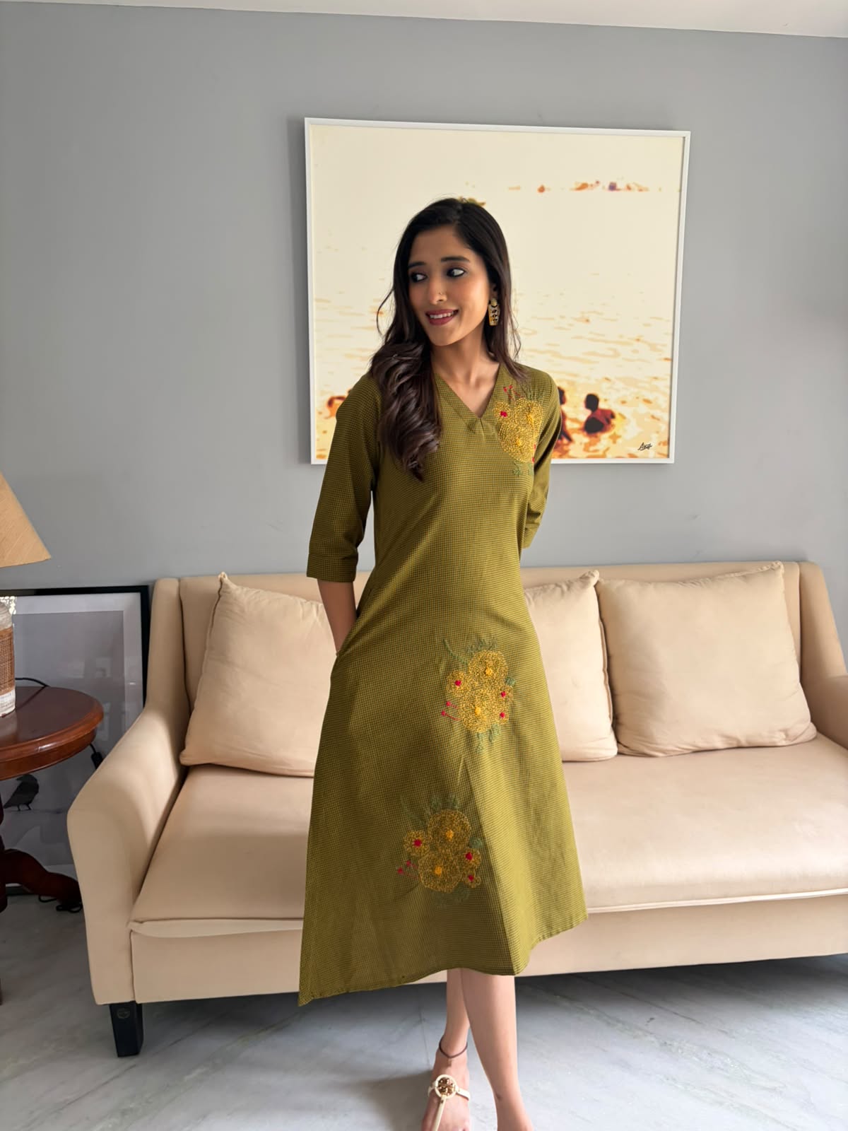 Green Checks Embroidered V Neck Sleeves Cotton Dress