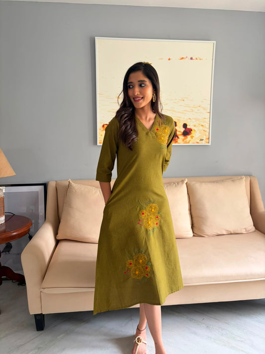 Green Checks Embroidered V Neck Sleeves Cotton Dress