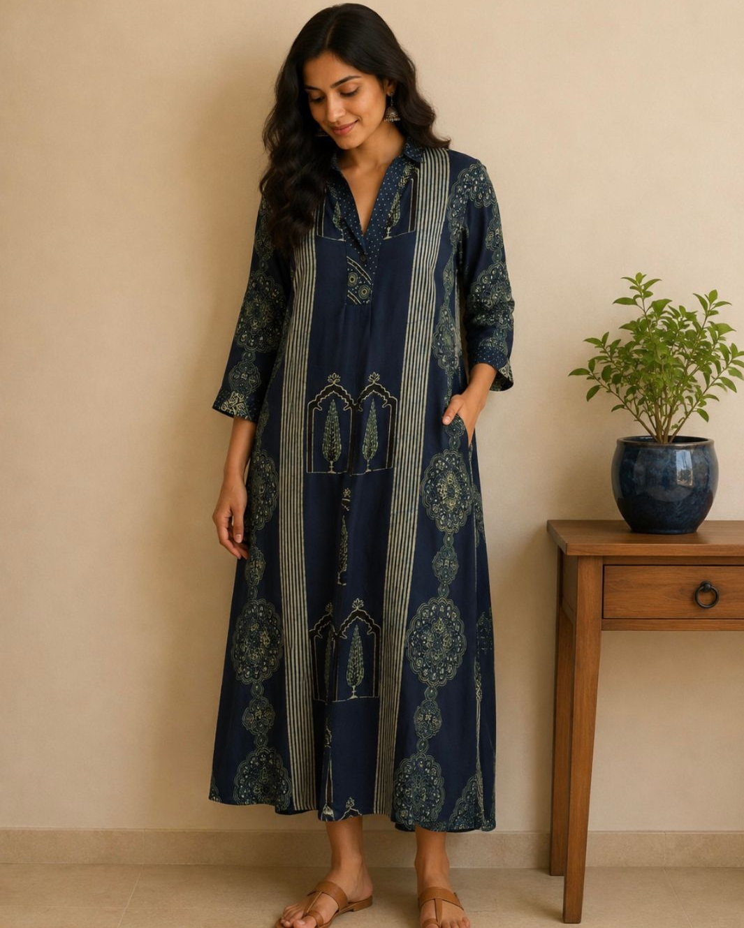 Indigo Blue Ajrakh Shirt Collar Dress